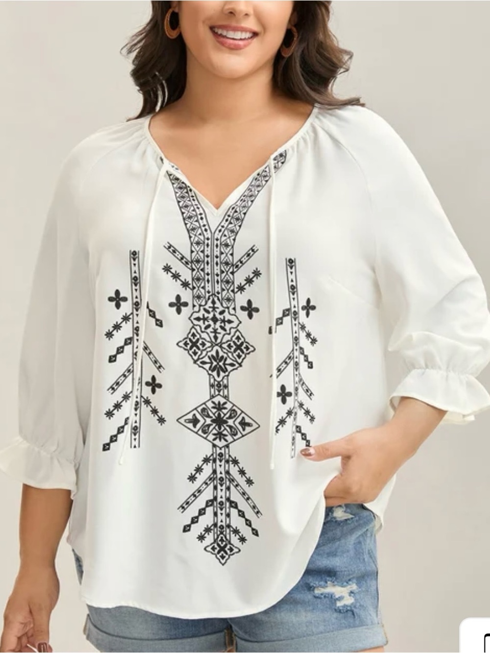 🆕 NWT BloomChic Boho White Peasant Top Tunic w/Black Embroidery US10 UK14 Curvy